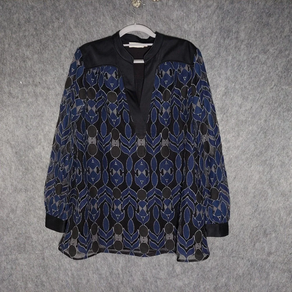 Tory Burch Harbor Silk Tunic L Blue Mesh Appliqué Lined Neck Long Sheer Sleeve